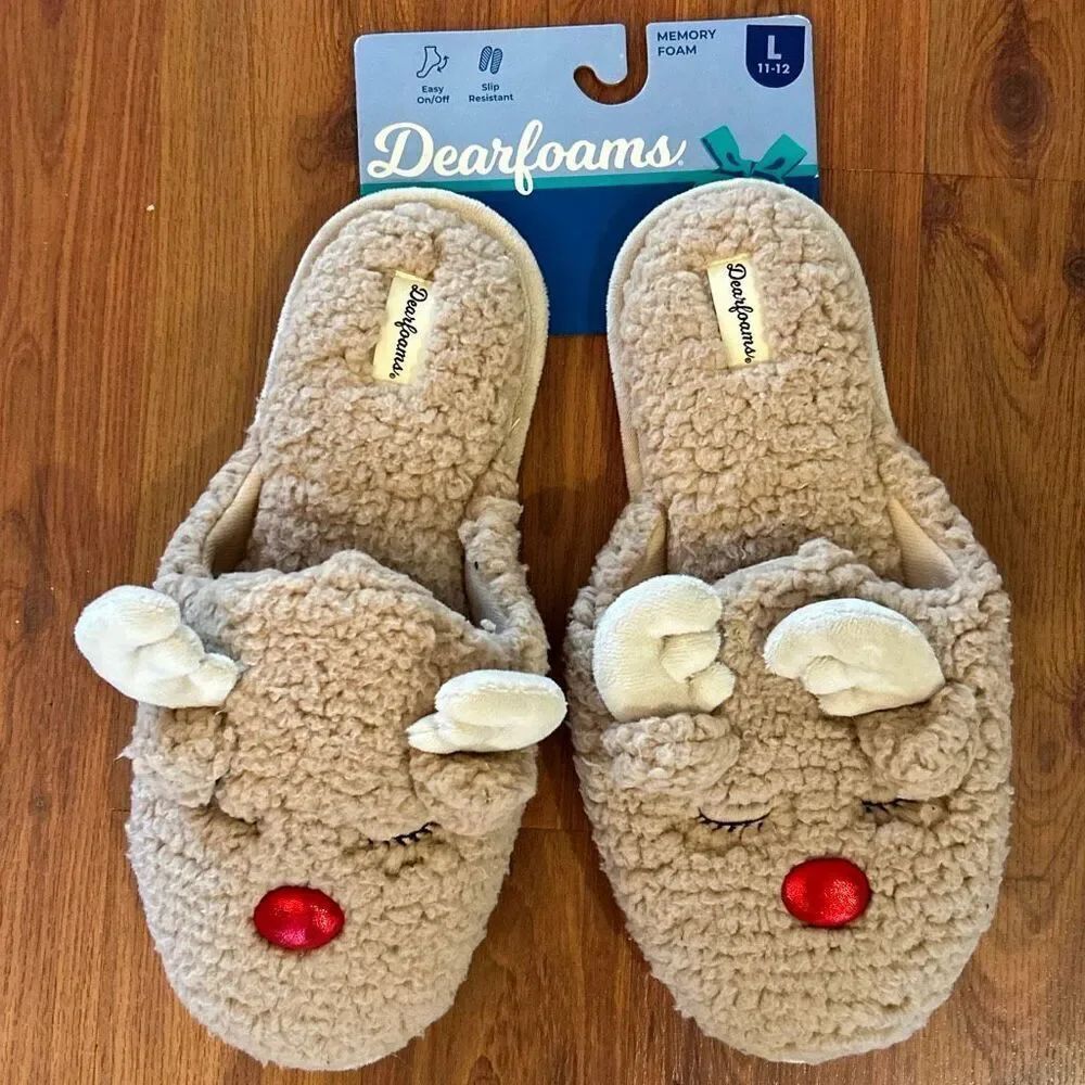 NWT Dearfoams buffalo plaid slippers reindeer Christmas furry size Large 11-12 m